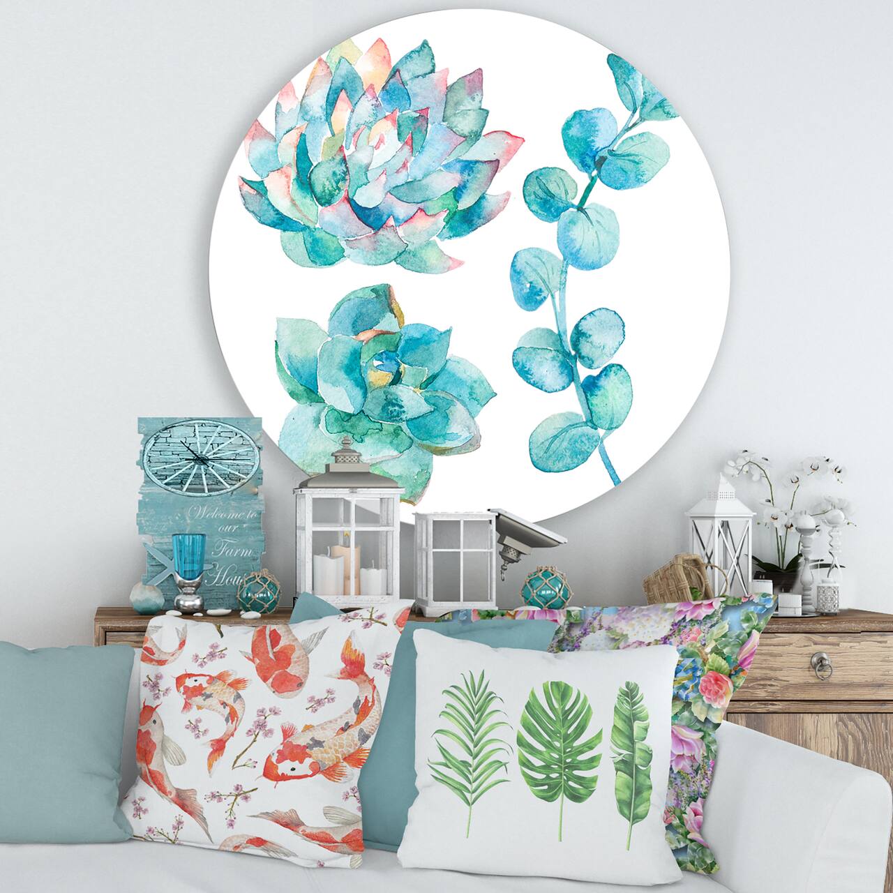 Designart - Eucalyptus Leaves and Succulents - Traditional Metal Circle Wall Art
